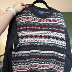 100% Wool Pendleton Men's Crewneck Fair Isle Sweater - Charcoal, Red, and White